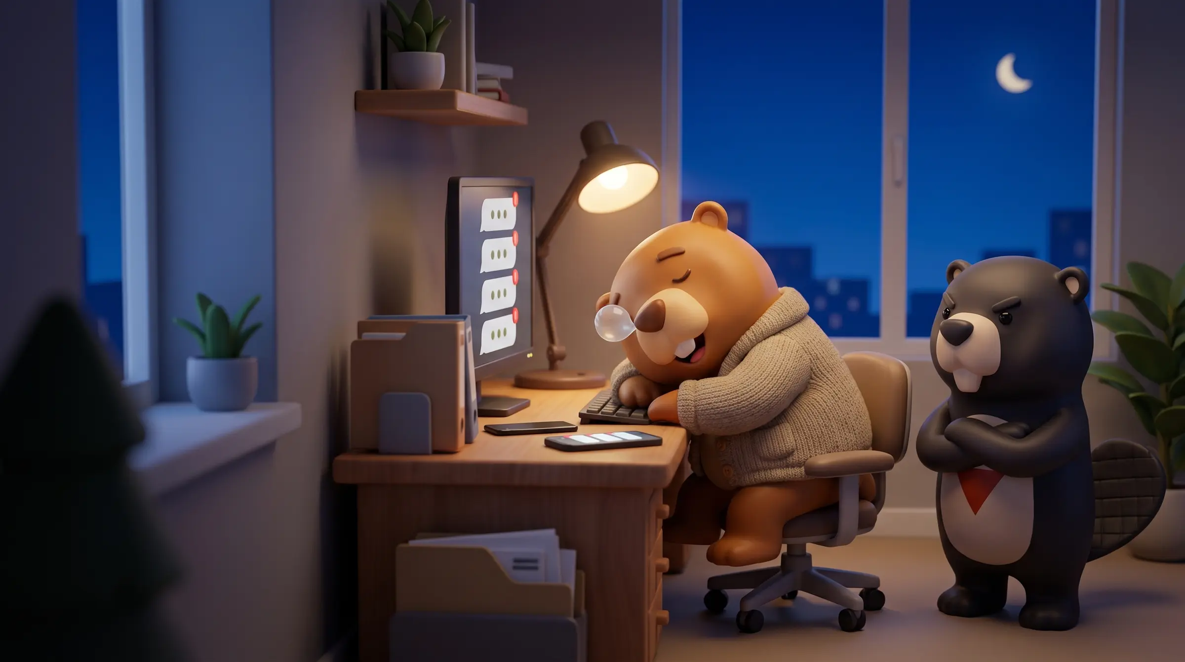 Um castor dorme sobre o teclado enquanto as mensagens se acumulam na tela; o castor da Beaver, bravo, cruza os braços ao lado da mesa