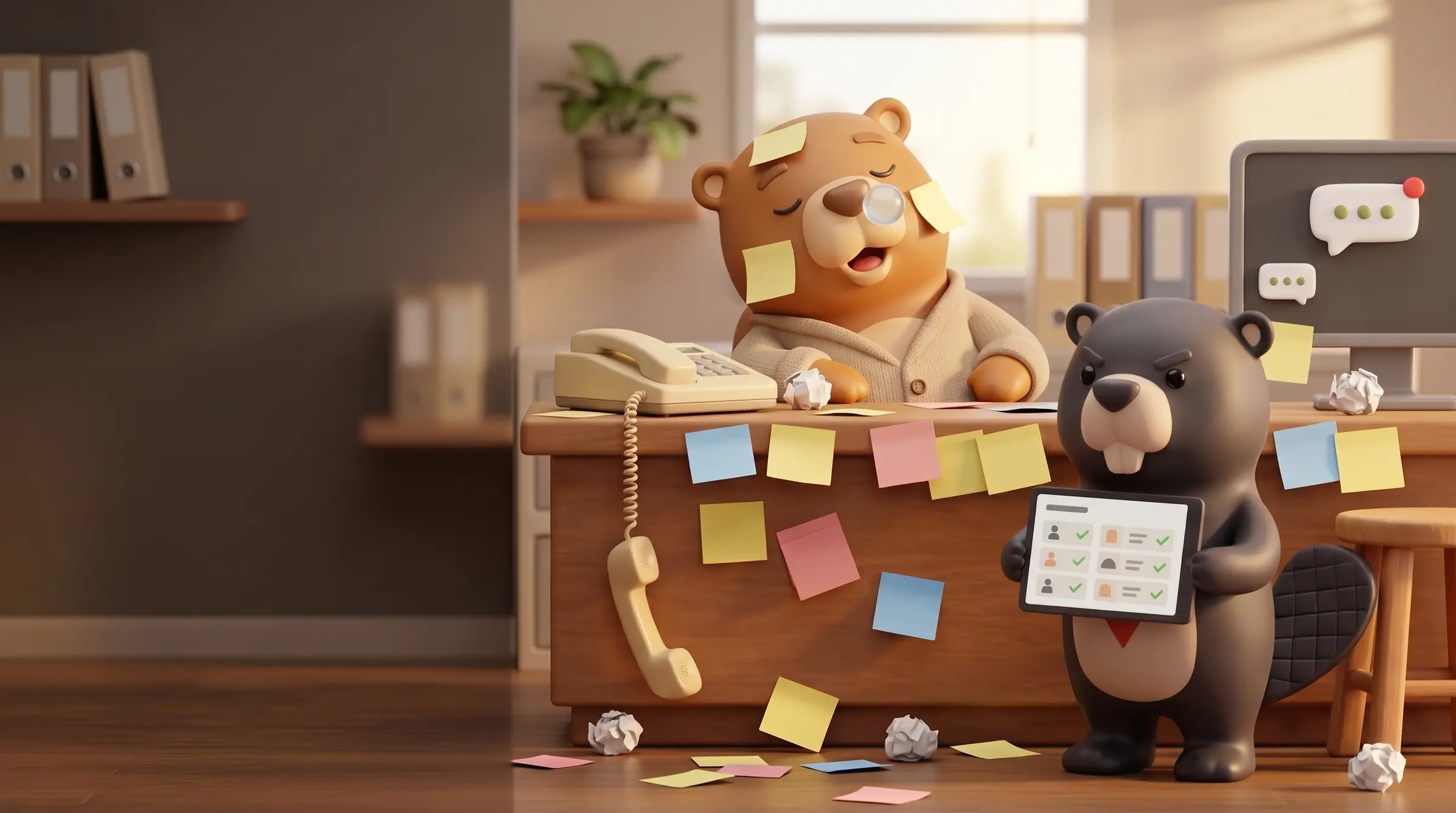 Um balcão soterrado de recados de papel com o telefone fora do gancho; o castor da Beaver mostra um tablet com a planilha organizada