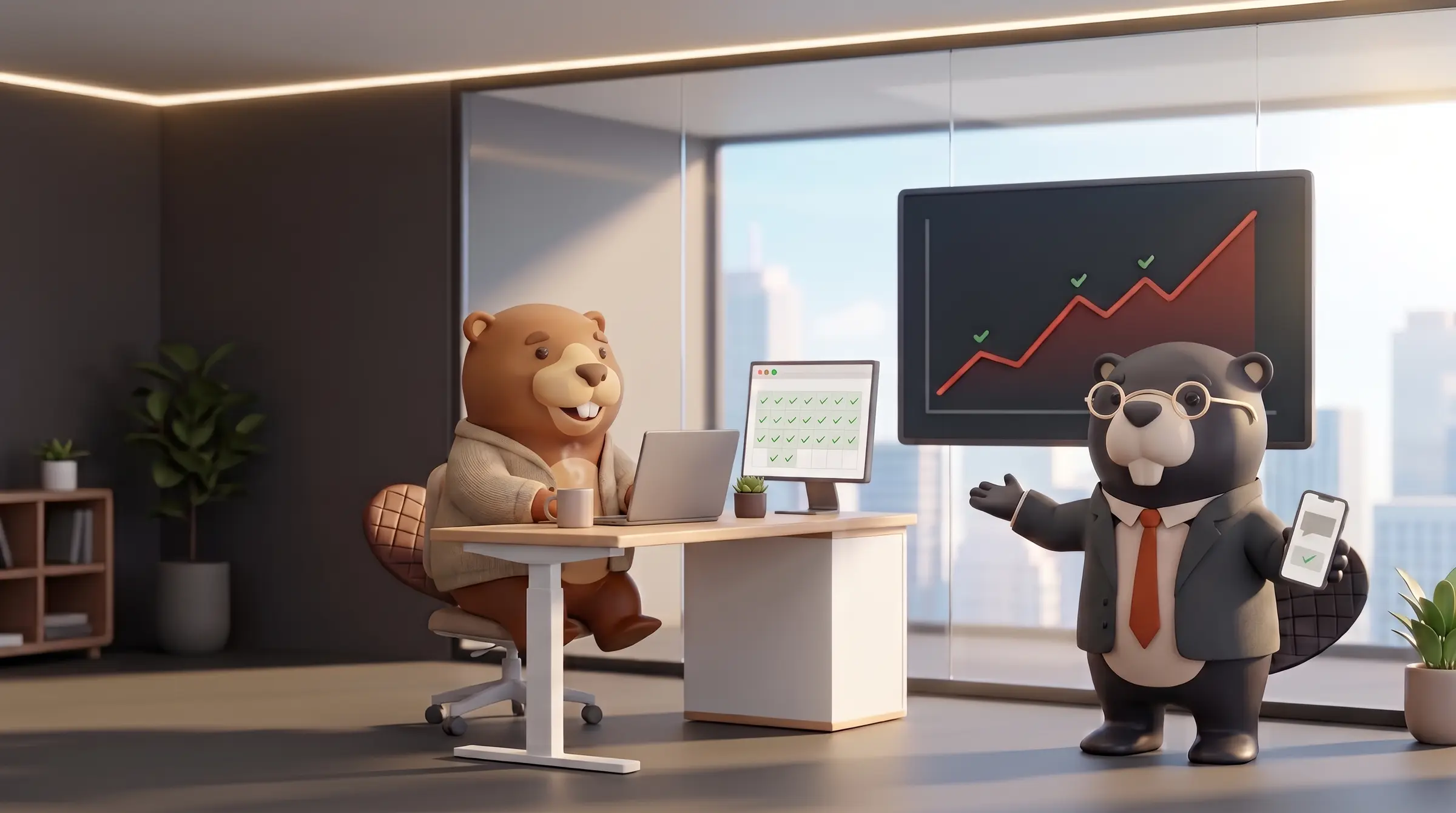 Num escritório de tecnologia, o castor da Beaver de blazer apresenta um gráfico subindo num painel, enquanto o colega trabalha sorrindo
